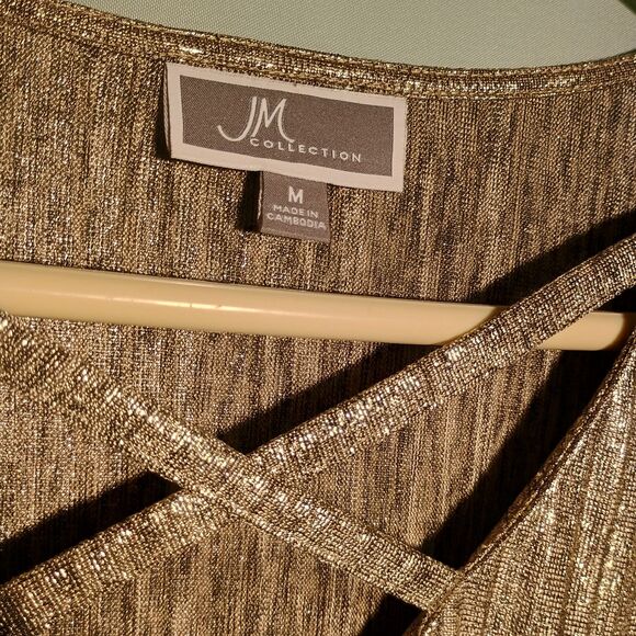 JM Collection Metallic Pleated Tunic Top – Gold Long Sleeve Blouse - Picture 3 of 4